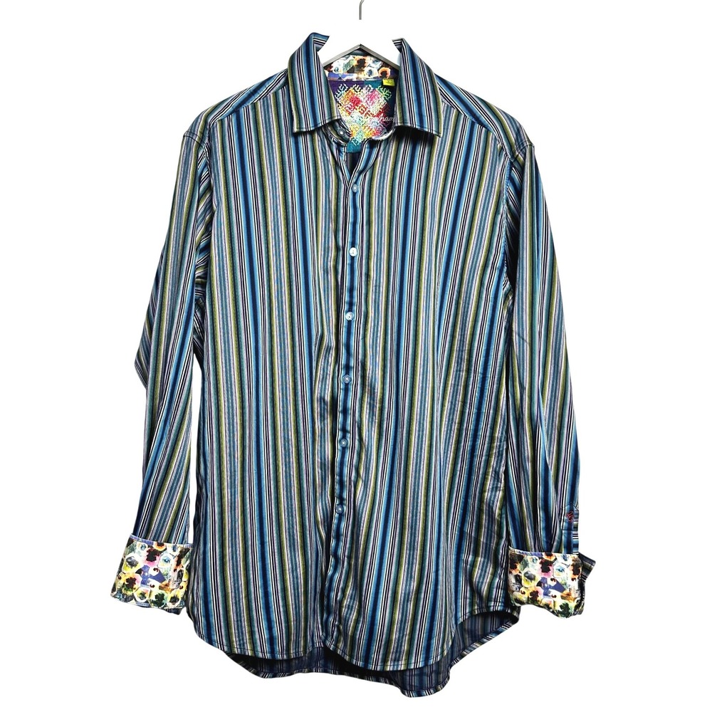 Robert Graham Mens Classic Fit Multi Color Striped Flip Cuff Button Down Shirt L